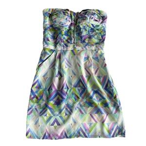 Charlie Jade NWOT 100% Silk Strapless Mini Dress Geometric Print Sz S